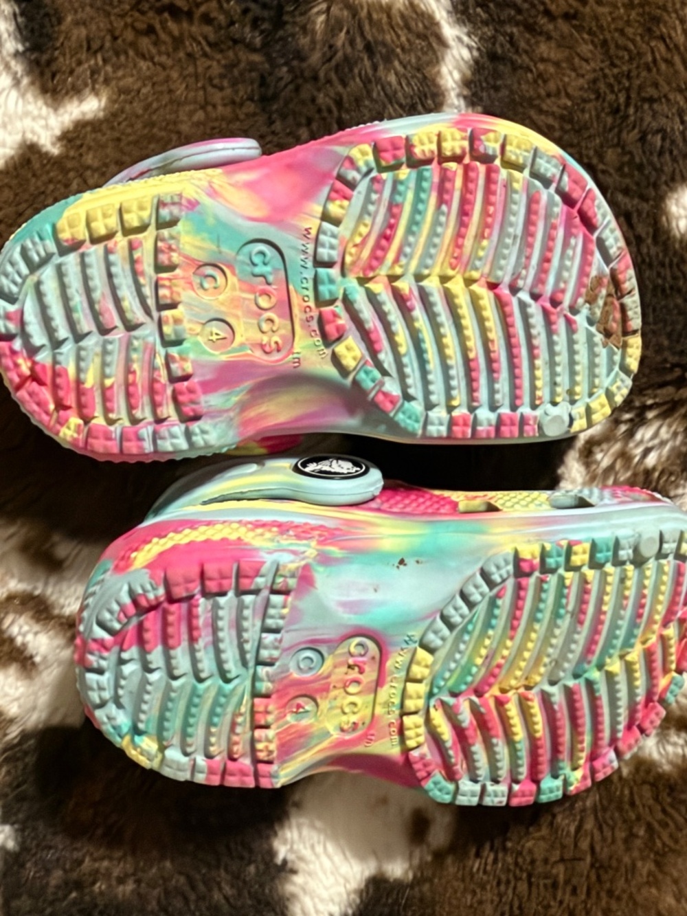 Pink Blue and Yellow siwlr Crocs Size 4 Clogs